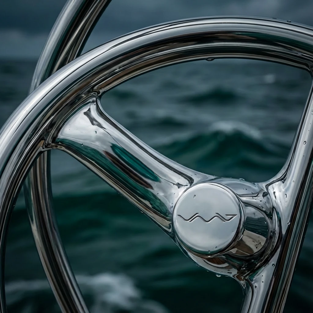 Close-up of a shiny, wet metal ship wheel with ocean waves and a cloudy sky in the background.