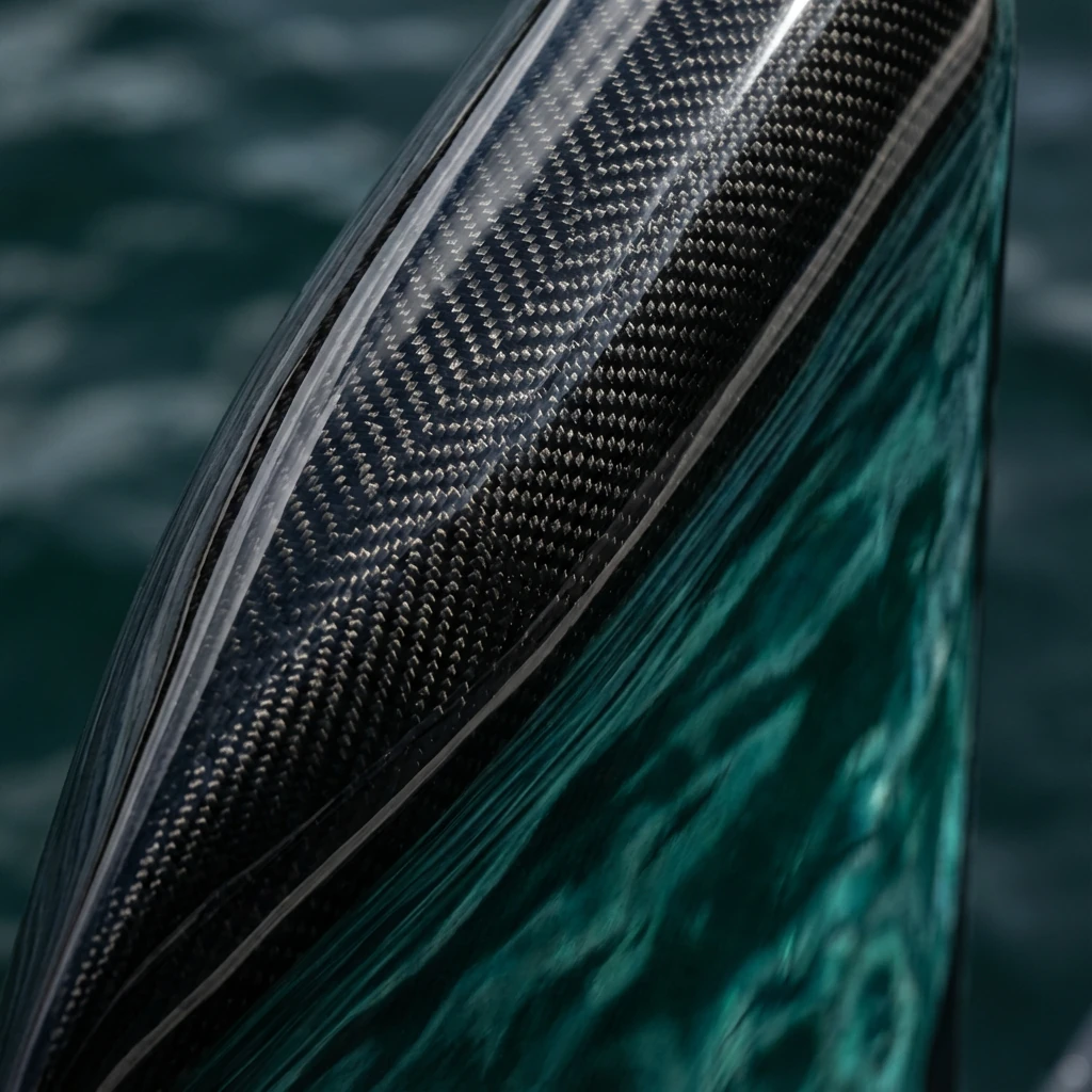 Close-up of a carbon fiber kayak or canoe edge, with water in the background. The carbon fiber texture and reflective surface are clearly visible.
