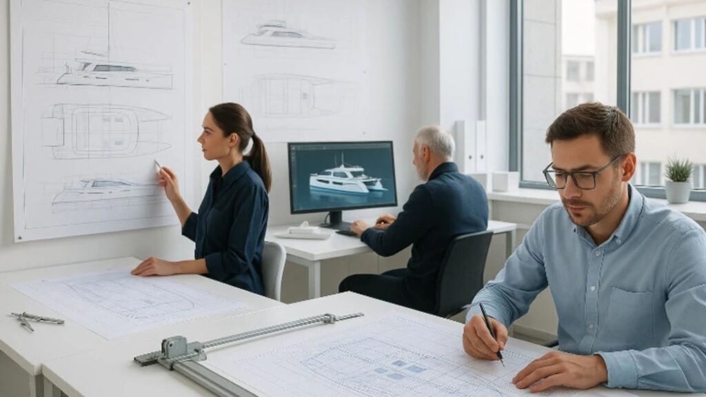 Three people work in an office drafting boat designs; one draws at a desk, another reviews a blueprint, and a third works on a computer displaying a yacht rendering.