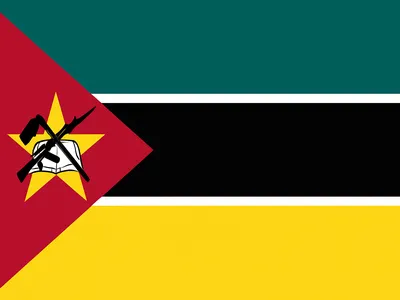 Flag of Mozambique featuring horizontal green, black, and yellow stripes with white borders, a red triangle on the left, and a yellow star with a book, rifle, and hoe emblem.
